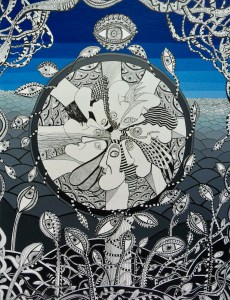 a circle of peoples faces surrounded by plants with floating eyes